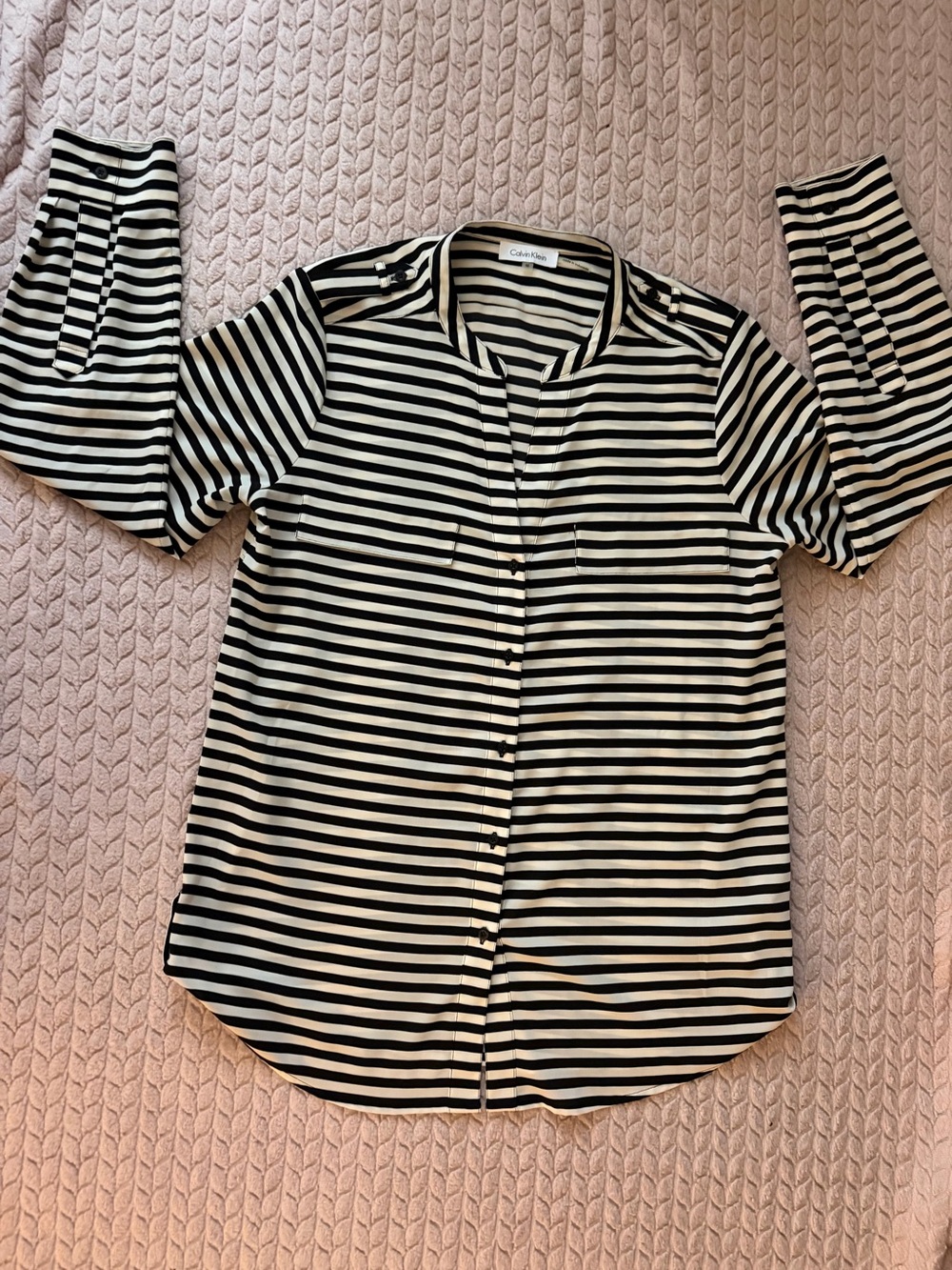 Calvin Klein Black & White Striped Split-Neck Blouse